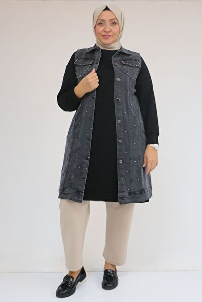 Eslina 54007 Vestă de blugi cu buzunare duble, mărime mare, cu perle - negru spălat cu zăpadă