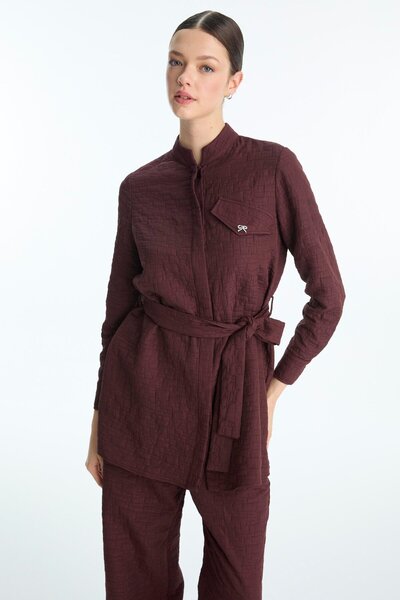 Zühre Belted Button Detailed Burgundy Double Suit Tk-1717