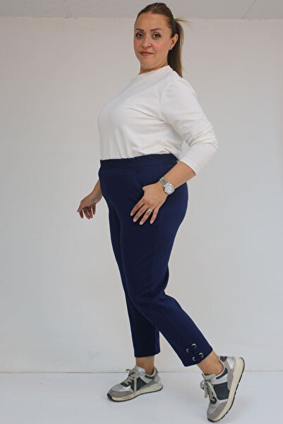 Eslina 59012 Large Size Modal Pants with Bird's Eye Detail on the Legs - Indigo