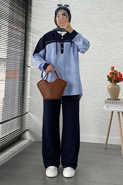 MELEK ARAZ طقم سويت شيرت مكون من قطعتين بتفاصيل قميص – أزرق داكن