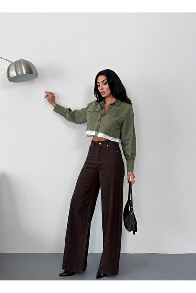 Zeo Basic KADIN KAHVERENGİ BAGGY JEAN YÜKSEK BEL GENİŞ PAÇA KOT PANTOLON