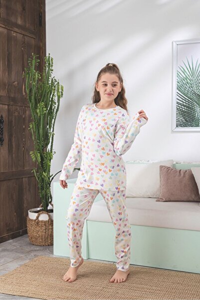 Asel Children's Heart Pattern Lycra Soft Interlock Fabric Long Sleeve Pajama Set