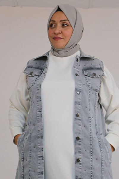 Eslina 54007 Vestă de blugi cu buzunare duble, mărime mare, cu perle - Gri spălat cu zăpadă