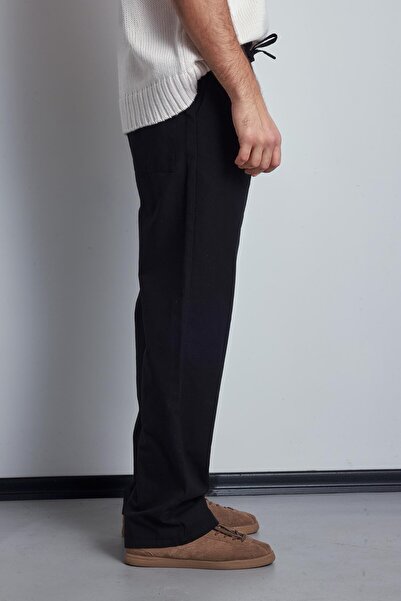 ablukaonline Men's Linen Look Elastic Waist Baggy Trousers Black