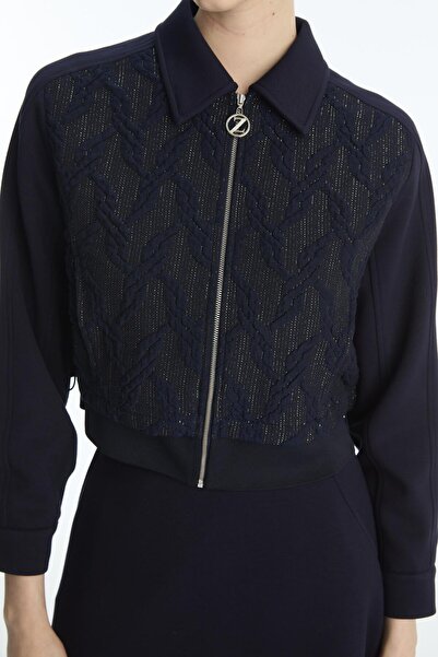 Zühre Patterned Zippered Jacket Skirt Navy Blue Double Suit Tk-1710