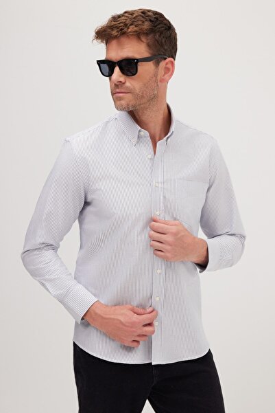 Tudors Men's Regular Fit Classic Cut 100% Cotton Navy Blue Striped Shirt