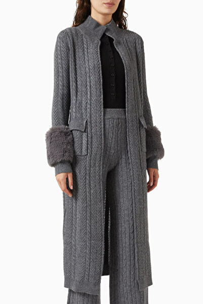 IZAAK AZANEI Faux Cuff Long Cardigan, Grey Stylish and Luxurious Women's Long...