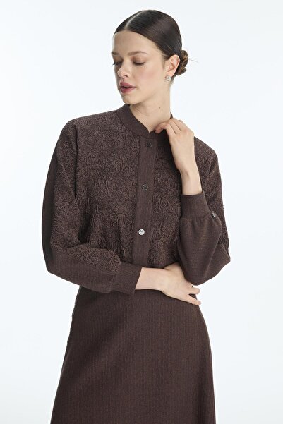 Zühre Jacquard Patterned Jacket Skirt Brown Two-Piece Set Tk-1681