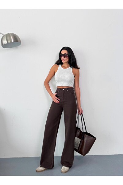 Zeo Basic Women's Brown Wide-Leg Jeans High Waist Wide-Leg Denim Pants