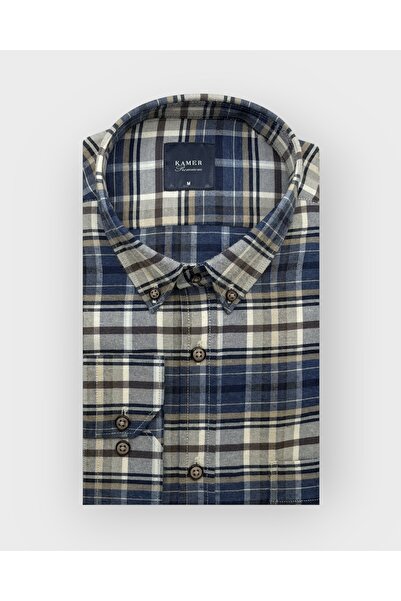 KAMER Men's Regular Fit Winter Long Sleeve Button-Up Collar Single Pocket Plaid Multicolor Shirt 3547Çk