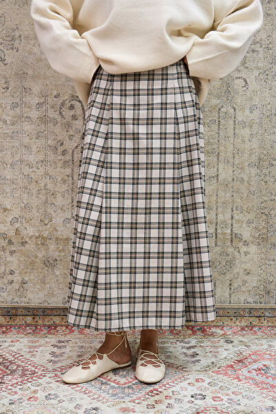 KÜÇÜĞÜM BUTİK Cream Brown Plaid Pleated Skirt