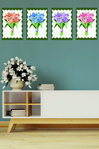 qoeuyl boutique Σετ 4 τεμαχίων με τυπωμένο μπουκέτο τουλίπες, διακόσμηση σπιτ...