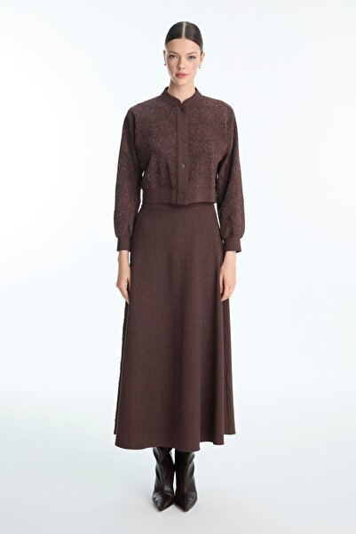 Zühre Jacquard Patterned Jacket Skirt Brown Two-Piece Set Tk-1681