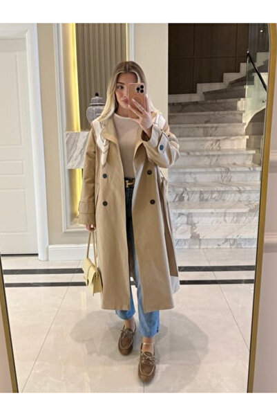 My Blog Bej Fularlı Uzun Trençkot - 7535