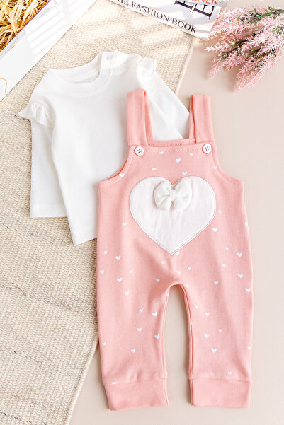Babymod Heart Patterned Bow Baby Girl Jumpsuit Salopet Set