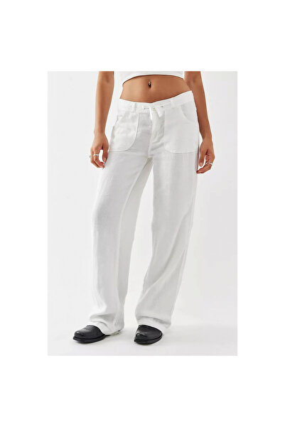 VibeGaia Women's White Pocket Straight Cut Linen Trousers