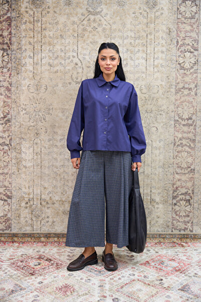 KÜÇÜĞÜM BUTİK Blue Small Check Plaid Pleated Pants
