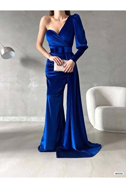 Modafeminen One Shoulder Belted Maxi Length Velvet Fabric Evening Dress 58232...