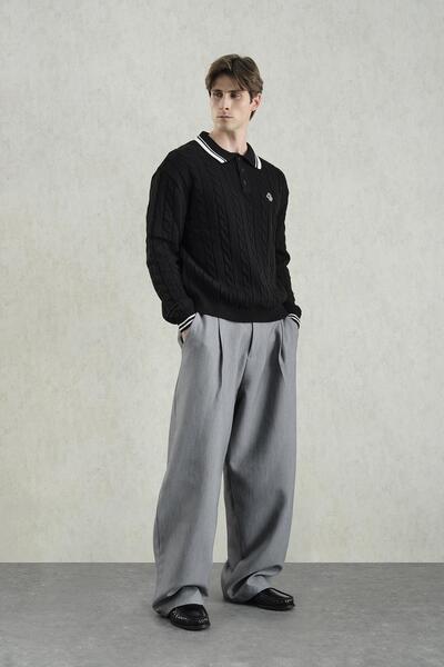 GIESTO Knitted Patterned Polo Neck Tricot Black Sweater