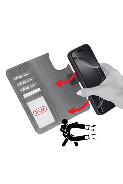 PLM Apple iPhone 17 Pro Max için, Hakiki Deri, El Yapımı Cüzdanlı Kılıf, Magsafe ile uyumlu, İç Yüzeyi K