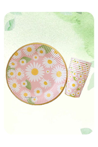 Baloncuu Papatya Desenli Karton Tabak Bardak 8'li Set