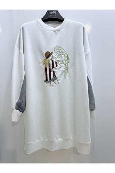 Puane DENİM DETAYLI ÖNÜ KADIN FİGÜRLÜ SWEAT TUNİK