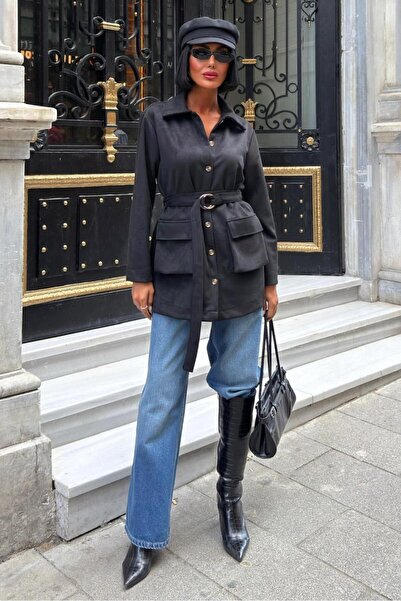 Lijuri Jachetă cămașă midi cu curea și buzunare -NEGRU