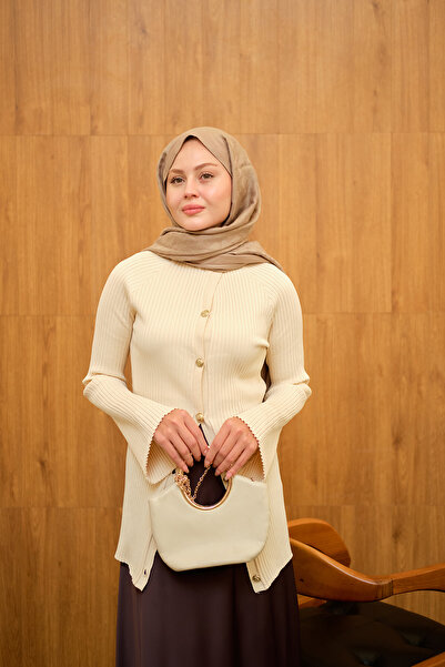 LOCCO Kadın Kabartma Çizgi Detaylı Hırka Krem