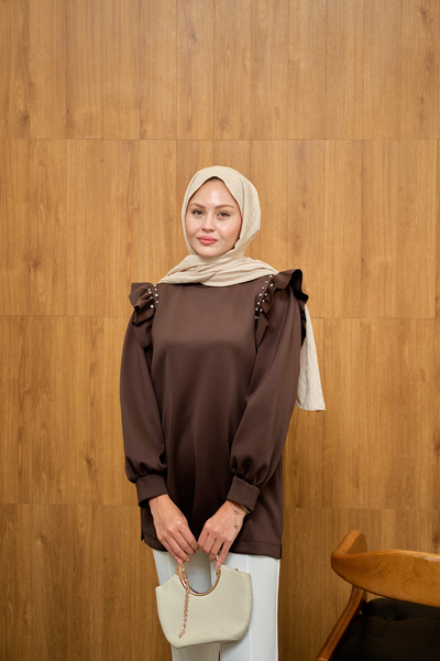 LOCCO Γυναικείο Τούνικ με Πέτρες με Λεπτομέρεια Κροτσίδας Καφέ