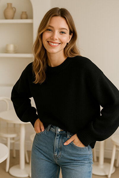 Rich Pulover negru oversize pentru femei, cu gâtul rotund