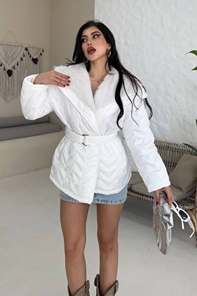 AKD Atelier Γυναικείο πουπουλένιο παλτό με φαρδύ γιακά με κορδόνι με γούνινο καπιτονέ παλτό