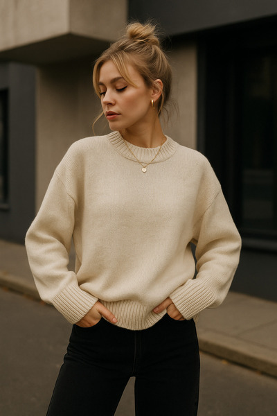 Rich Women's Beige Oversize Crew Neck Knit Sweater