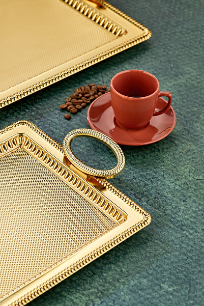 Cooker Special Series Rectangular Model Luxury Metal 2-Piece Presentation Tray, Tea Tray, Engagement Tray (35X25 44X32 cm)