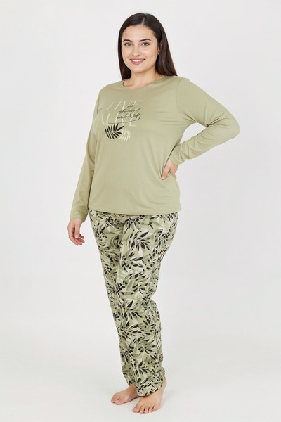 Bravie Elite Viscose Long Plus Size Pajama Set with Six Leaf Pattern and Text on Top Green 3591