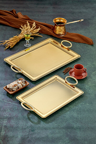 Cooker Special Series Rectangular Model Luxury Metal 2-Piece Presentation Tray, Tea Tray, Engagement Tray (35X25 44X32 cm)
