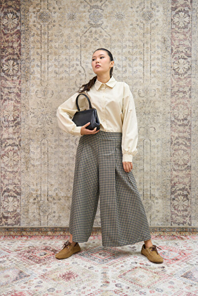 KÜÇÜĞÜM BUTİK Yeşil Küçük Kareli Ekose Pileli Pantolon