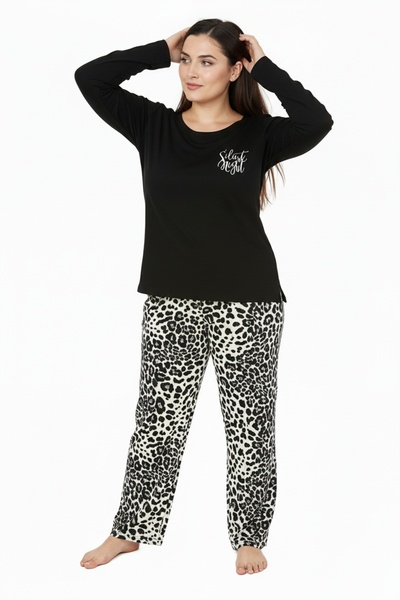 Bravie Set de pijamale lungi din viscoză Elite cu șase modele de leopard, cu text în partea de sus, mărime mare, negru 3588