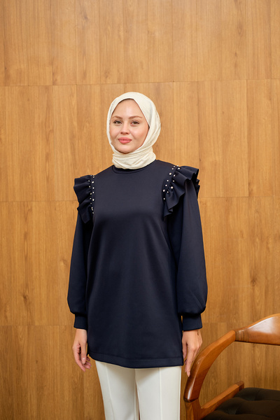 LOCCO Women's Ruffle Detail Stone Tunic Navy Blue