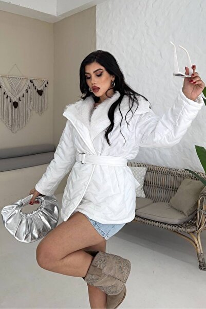 AKD Atelier Γυναικείο πουπουλένιο παλτό με φαρδύ γιακά με κορδόνι με γούνινο καπιτονέ παλτό