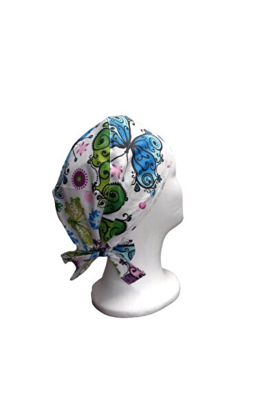 MariaCouture Casca medicală, mărime universală, bumbac, albă cu fluturi multicolori