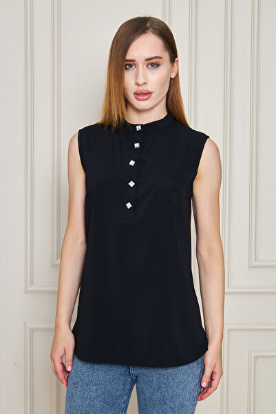 UNIQUE LADY Κομψή γυναικεία μπλούζα με γιακά και λεπτομέρεια με πέτρινα κουμπ...