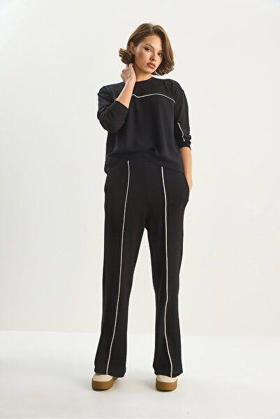 Bianco Lucci Women's Crew Neck Long Sleeve Top Elastic Waist Loose Bottom Piping Detail Modal Suit 60283620