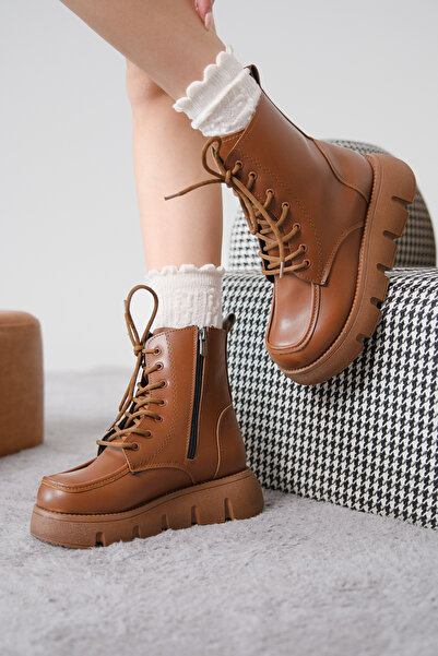 Moda Değirmeni Γυναικείες μπότες με χοντρή σόλα με κορδόνια και φερμουάρ MD1001-116-0013