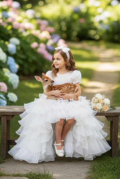 Mashotrend Beyaz Masal Kız Çocuk Abiye - Kat Kat Tüllü Kız Çocuk Doğum Günü Elbisesi - Balo Mezuniyet Elbisesi