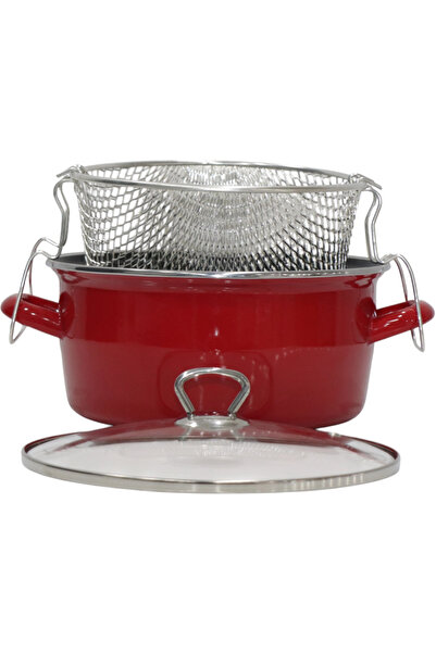 PR HOME Enameled Glass Lid Frying Pan 24 cm Red Chrome Top