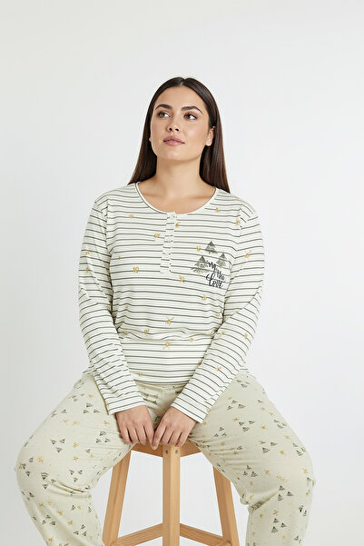 Bravie Σετ πιτζάμες με οριζόντιες γραμμές στο επάνω μέρος και έξι σχέδια στο κάτω μέρος Elite Viscose Long Plus Size Λευκό 3590