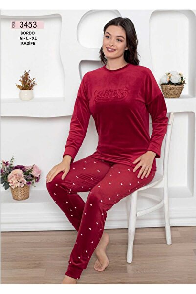 Nisa Women's Soft Velvet Fabric Winter Pajama Set Burgundy