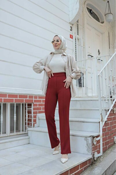 DESTEMODA Women's Spanish Leg Lycra Zara Crepe Trousers Burgundy 2503