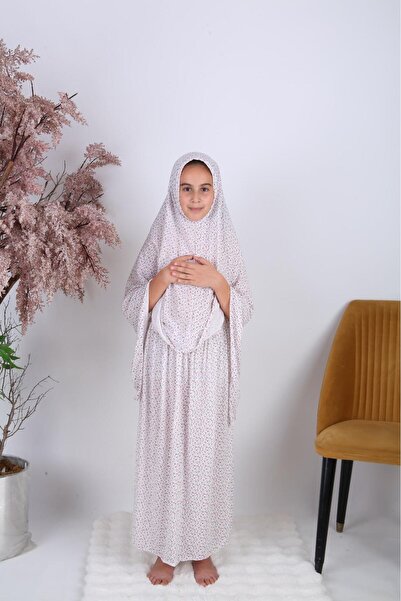 sevateks İki Parça Çiçek Desenli Kız Çocuk Namaz Elbisesi Kendinden Başörtülü- Muhtelif Renk Gönderilmektedir