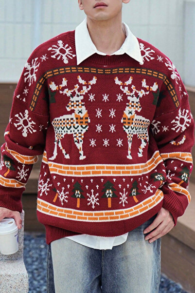 Tarz Cool سترة محبوكة بأكمام طويلة وكتف مكشوف للرجال بنقش الغزلان الحمراء